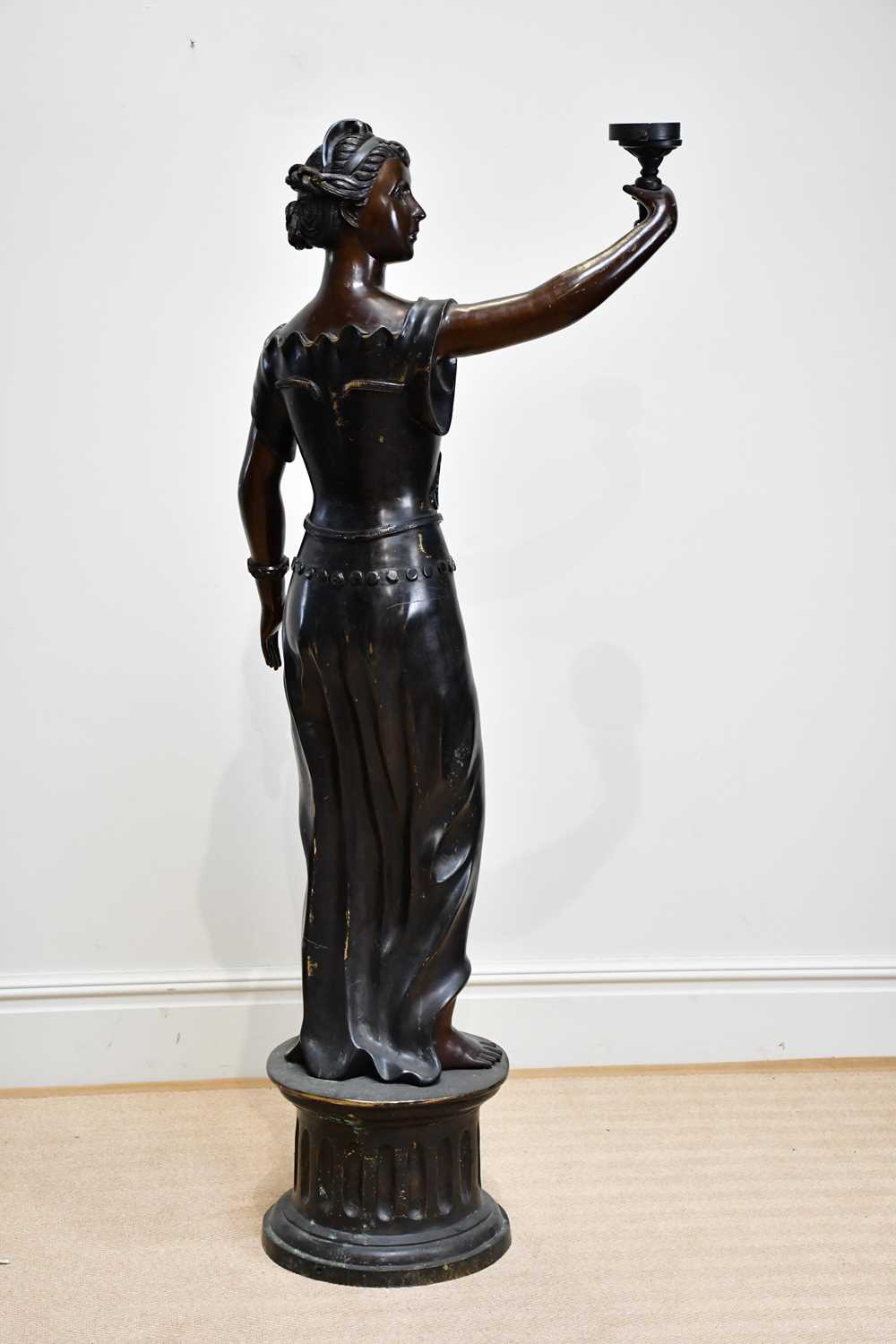 A large bronze lamp modelled as a maiden supporting a lantern, on fluted plinth base, height 179cm. - Image 7 of 10