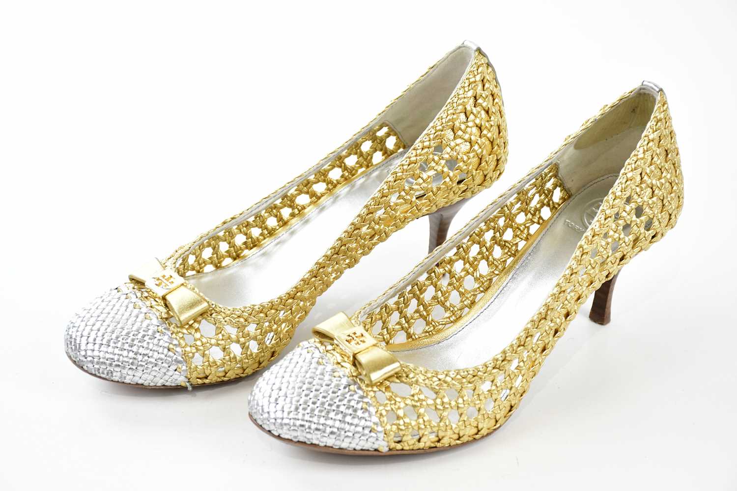 TORY BURCH; a pair of gold and silver metallic Carlyle Madras court shoes with gold tone maker's - Image 2 of 4