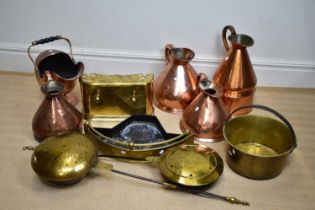 A collection of 19th century metalware, including a three gallon copper haystack jug, two further