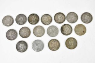 A collection of seventeen Queen Victoria silver crowns, comprising 1844, 1845, 1847, 1887 (x2), 1889