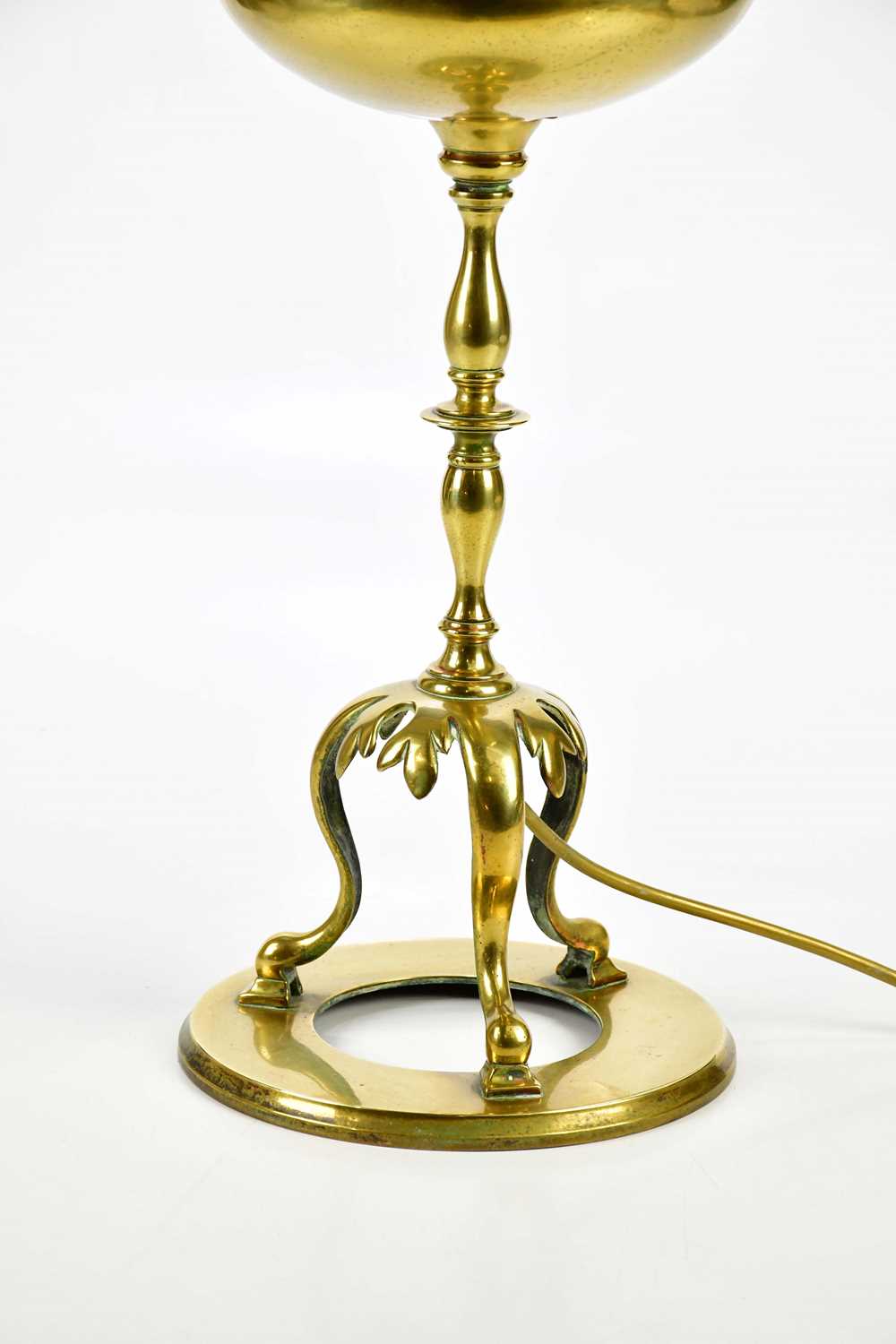 An early 20th century brass oil lamp with replacement frosted glass shade, on three scrolling - Image 3 of 3