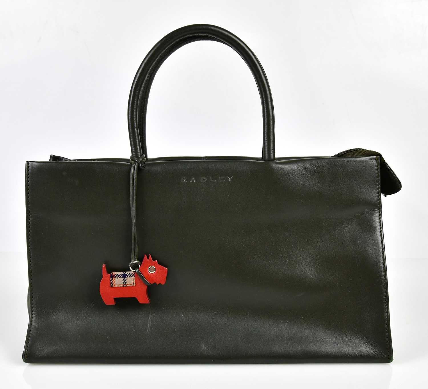 RADLEY; an olive green leather classic style handbag with zip top and red leather and plaid dog - Image 2 of 5