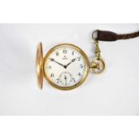 ROLDOR; a 9ct yellow gold crown wind half hunter pocket watch, with Arabic numerals to the white