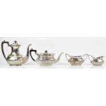 A silver plated four piece tea service with gadrooned decoration to the lower body, with