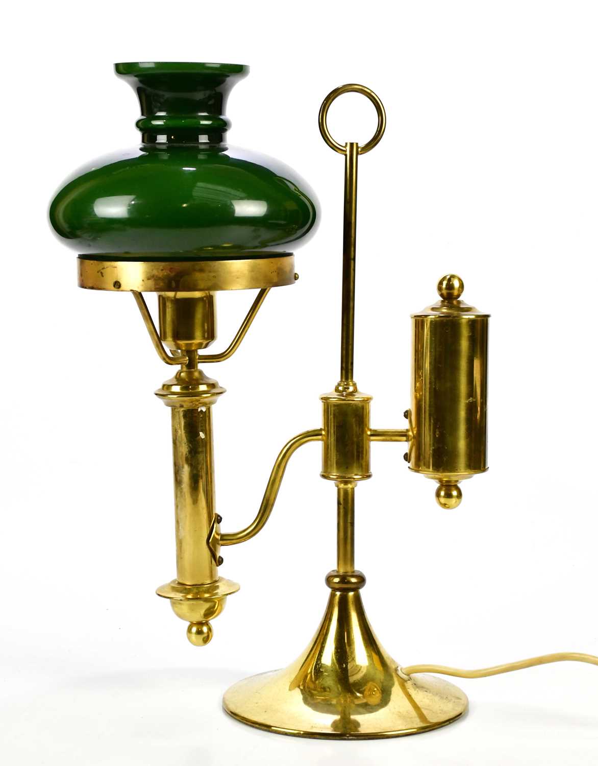 A 20th century brass reading lamp with green glass shade, height 45cm.