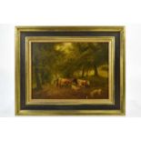 UNATTRIBUTED; oil on panel, figure seated on donkey beside cattle in country scene, unsigned, 28 x