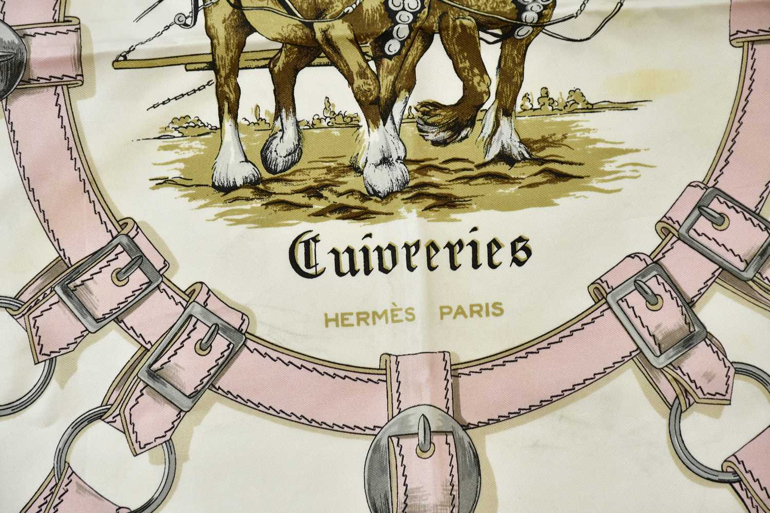 HERMÈS; a 100% silk Cuivreries scarf, in beige, pink and silver, designed and signed by F. de la - Image 2 of 2