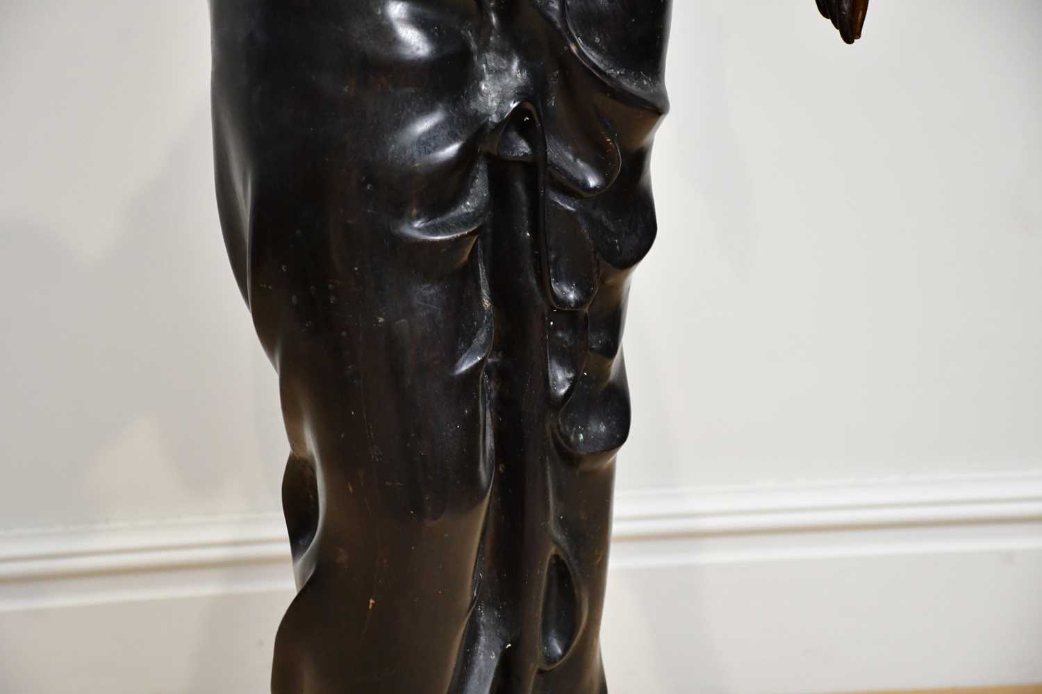 A large bronze lamp modelled as a maiden supporting a lantern, on fluted plinth base, height 179cm. - Image 3 of 10