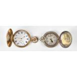 A gold plated crown wind full hunter pocket watch and a base metal compass (2)