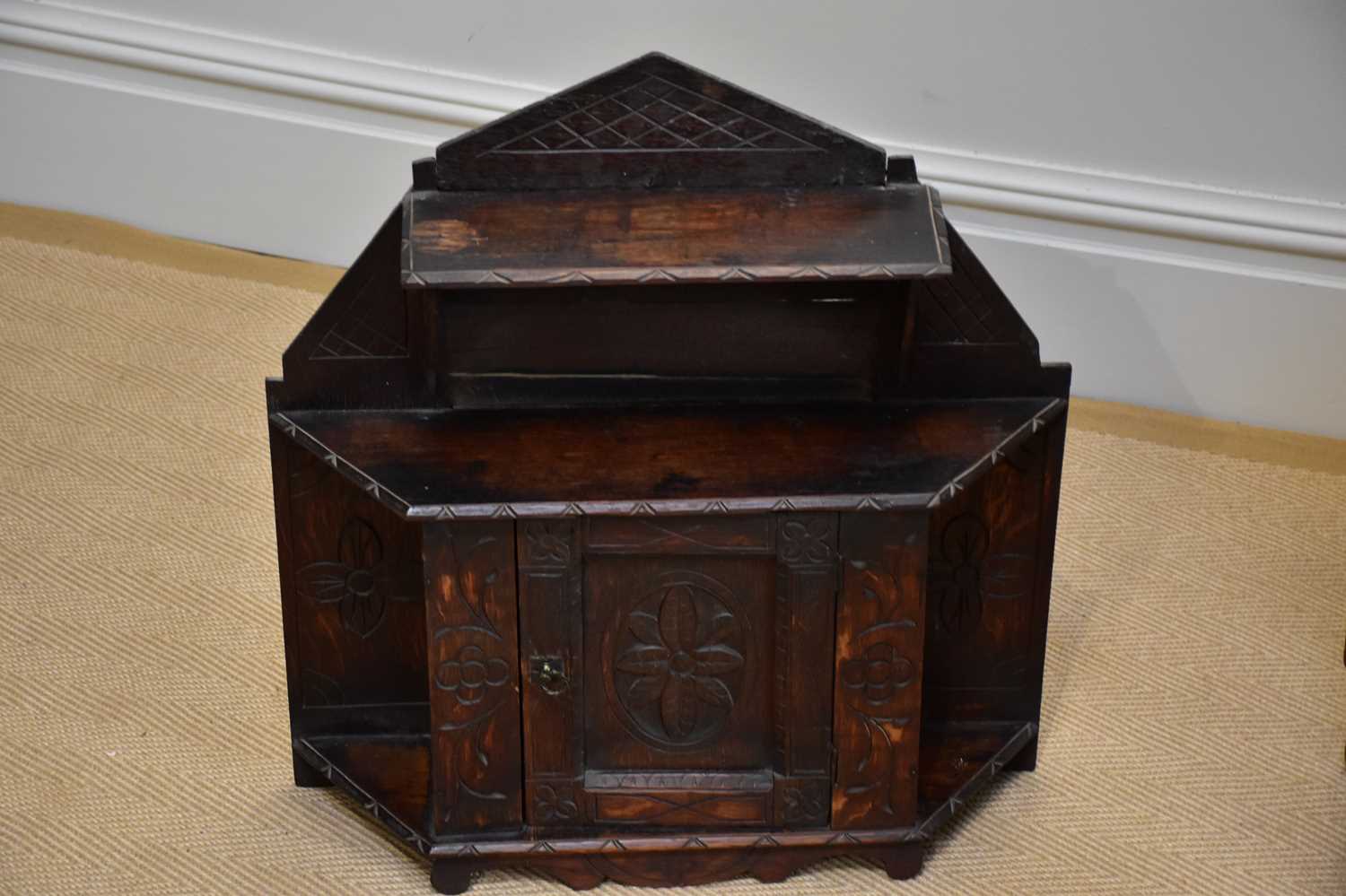 A 1920s oak drop-leaf gateleg dining table, width 86cm, height 72cm, and a carved oak hanging - Image 2 of 2