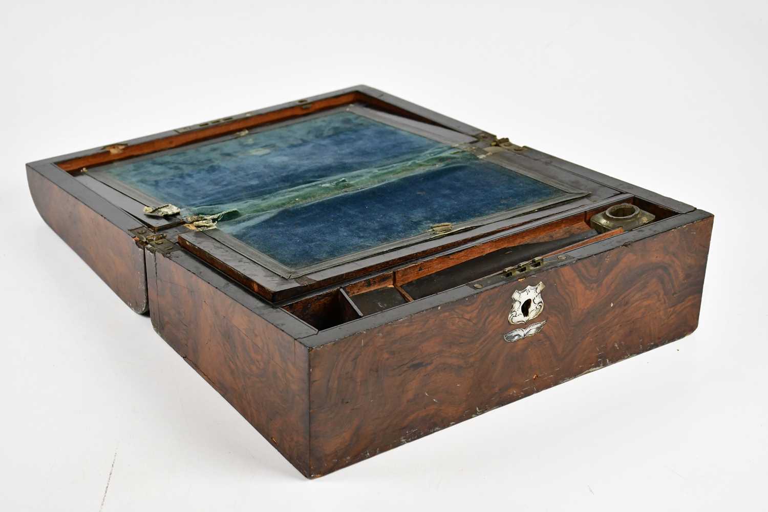 A Victorian mother of pearl inlaid rosewood writing slope with fitted interior, width 40cm, depth - Image 2 of 3