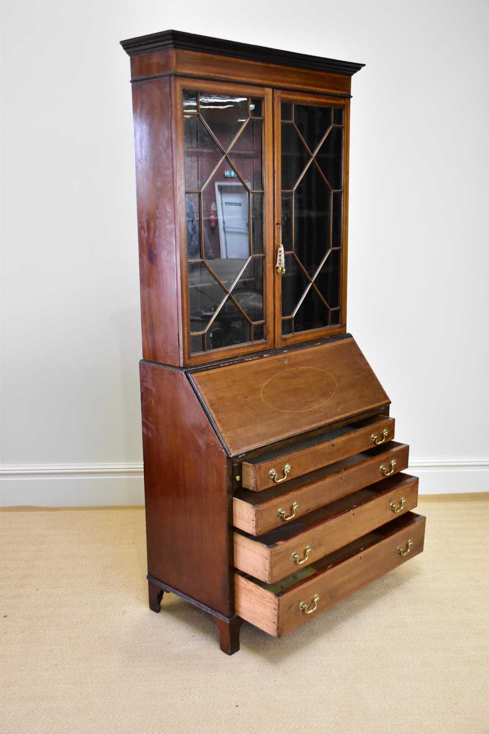 An Edwardian inlaid and crossbanded mahogany bureau bookcase with moulded cornice above a pair of - Image 2 of 4