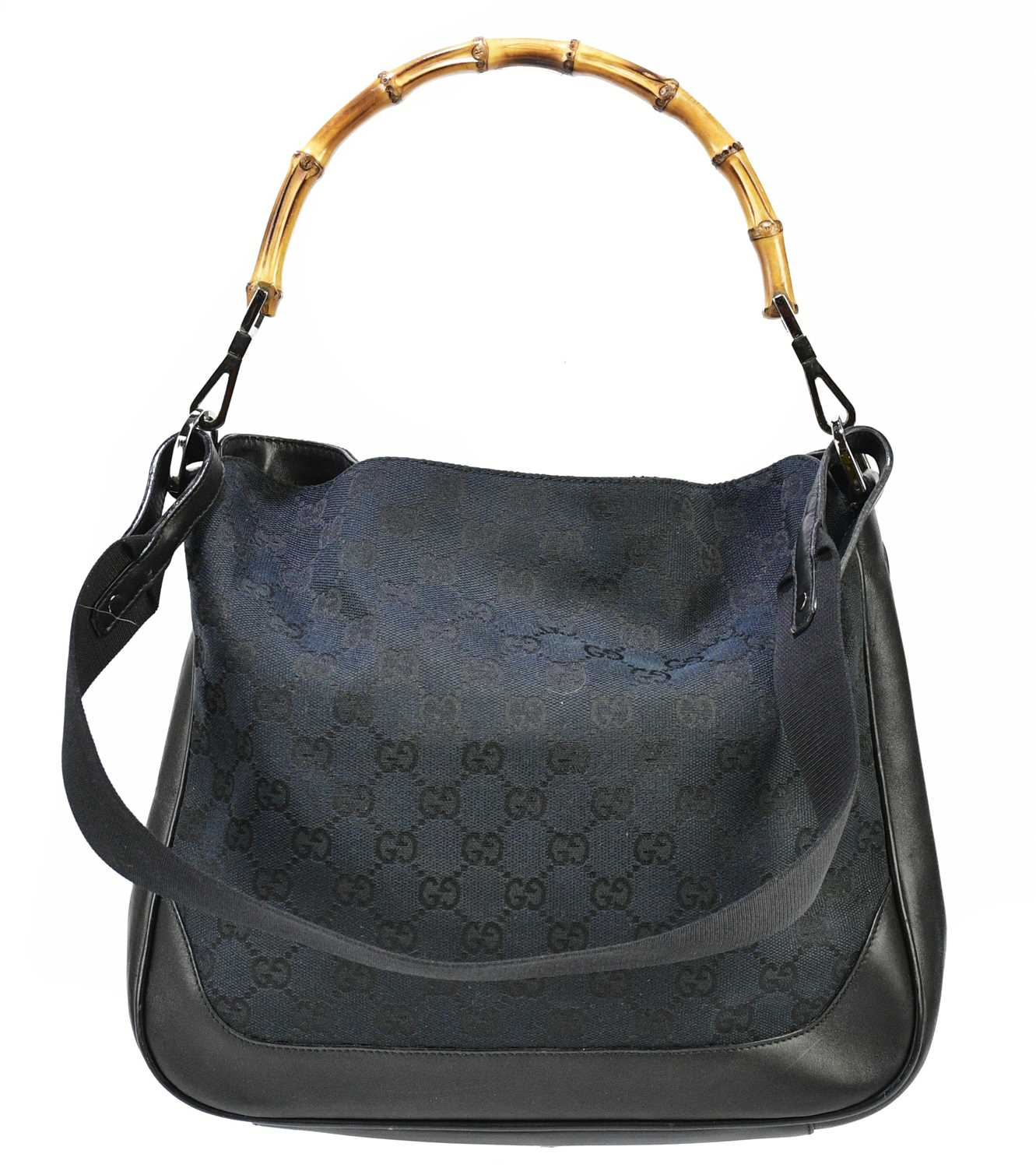 GUCCI; a black monogram canvas GG handbag with bamboo handle and black leather trim, with canvas - Image 2 of 3