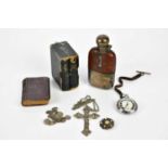 An assortment of collectors items including silver plated hip flask, Ingersoll pocket watch, costume