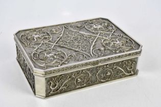 A modern white metal jewellery box, profusely decorated with scrolling foliage and cherubs, height
