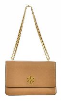 TORY BURCH; a brown pebbled leather large Britten crossbody bag with gold tone chain and leather