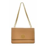 TORY BURCH; a brown pebbled leather large Britten crossbody bag with gold tone chain and leather