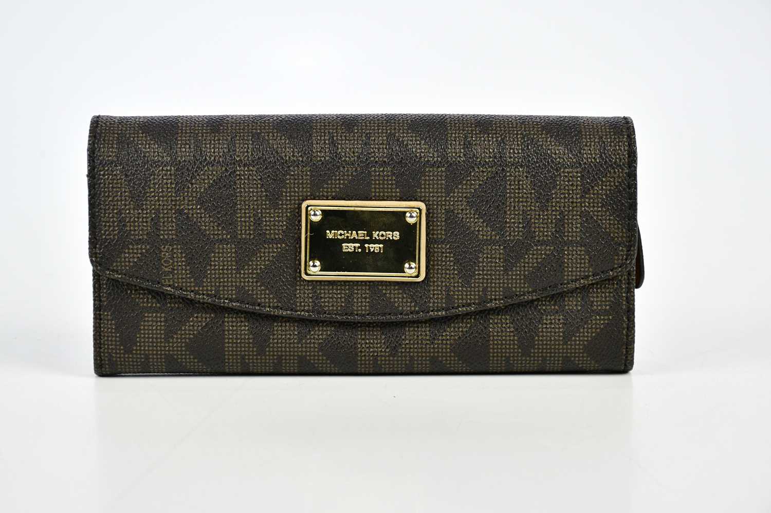 MICHAEL KORS; an unused brown Saffiano leather monogram purse wallet with internal zip pocket and