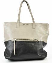 MIU MIU; a thick calfskin leather grey and black half tone handbag with top handles, silver tone