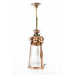 An Arts and Crafts copper and etched ceiling light, 64cm.