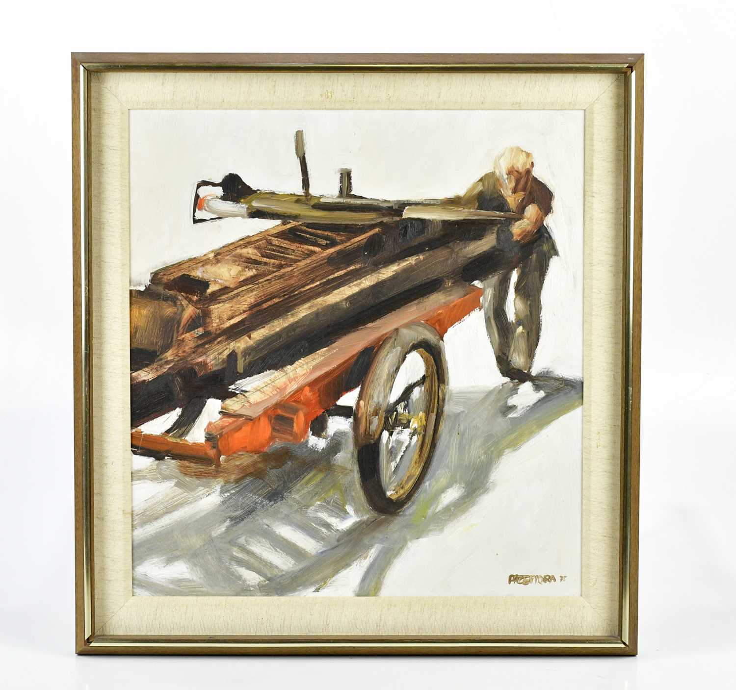 † DAVID STEFAN PRZEPRIOA (born 1944); oil on board, figure pushing cart, signed and dated 75, 47 x