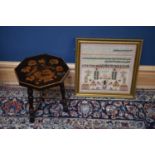 A late Victorian octagonal ebonised stool with painted marquetry decoration, and a 19th century