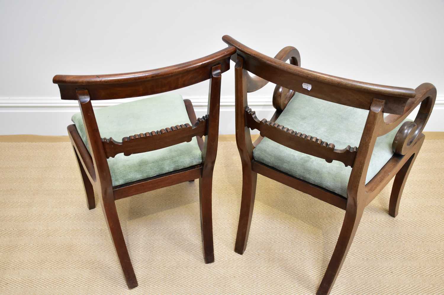 A set of six Regency mahogany bar back dining chairs with drop-in seats and sabre legs (4+2). - Image 3 of 3