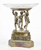 A late 19th century silver plated centrepiece with three cherubs holding cut glass bowl, height