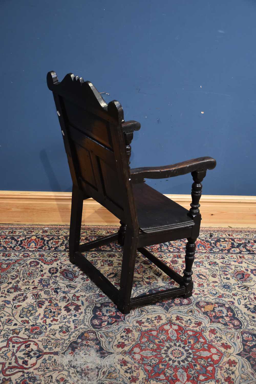 An 18th century and later oak wainscot type chair with carved back and single plank seat, on block - Image 2 of 16