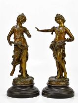 A pair of early 20th century bronzed spelter figures after L & F Moreau, 'Musique' and 'Poesie',