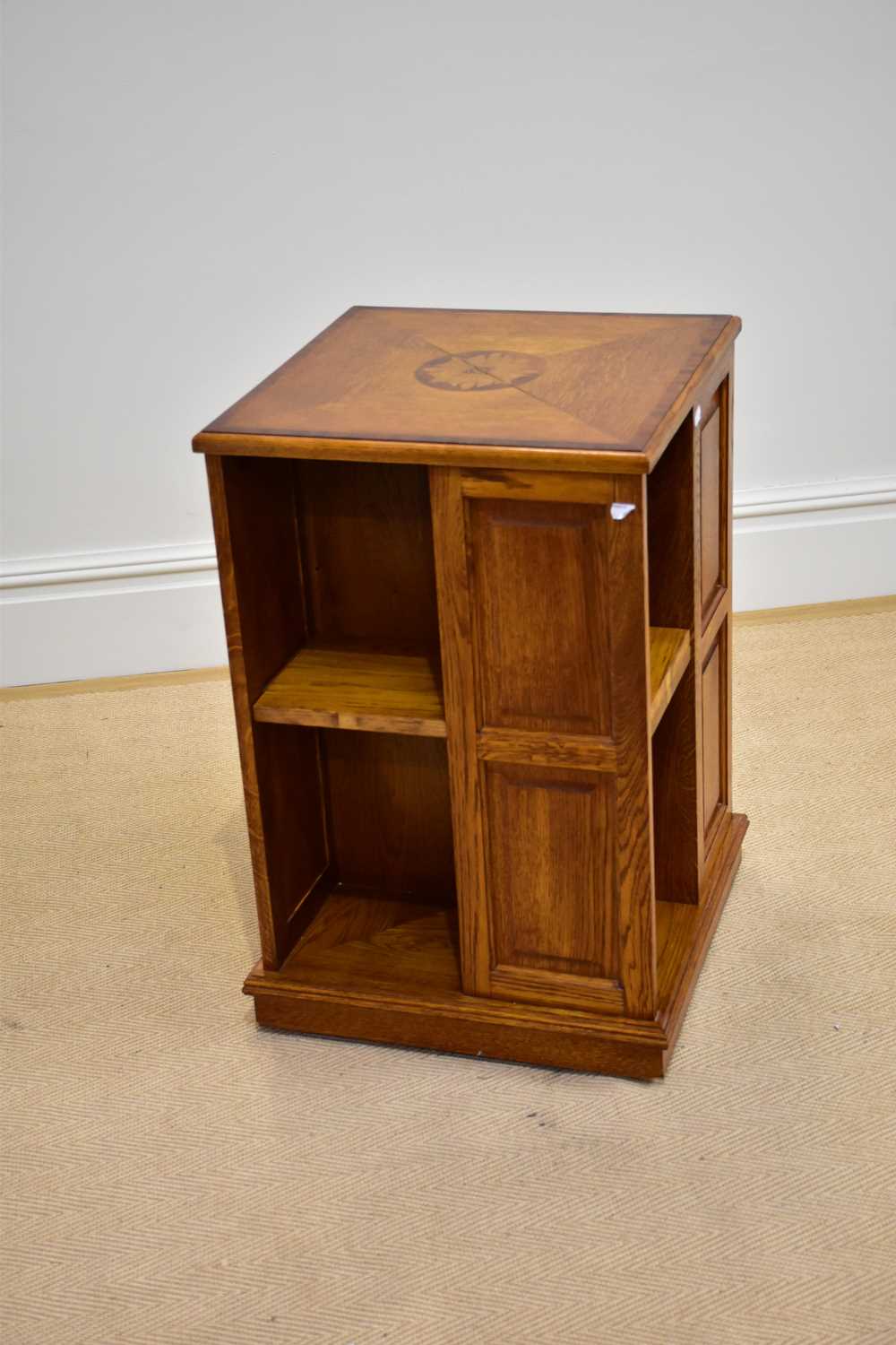 A reproduction inlaid oak revolving bookcase, height 76cm, depth 48cm. - Image 2 of 3