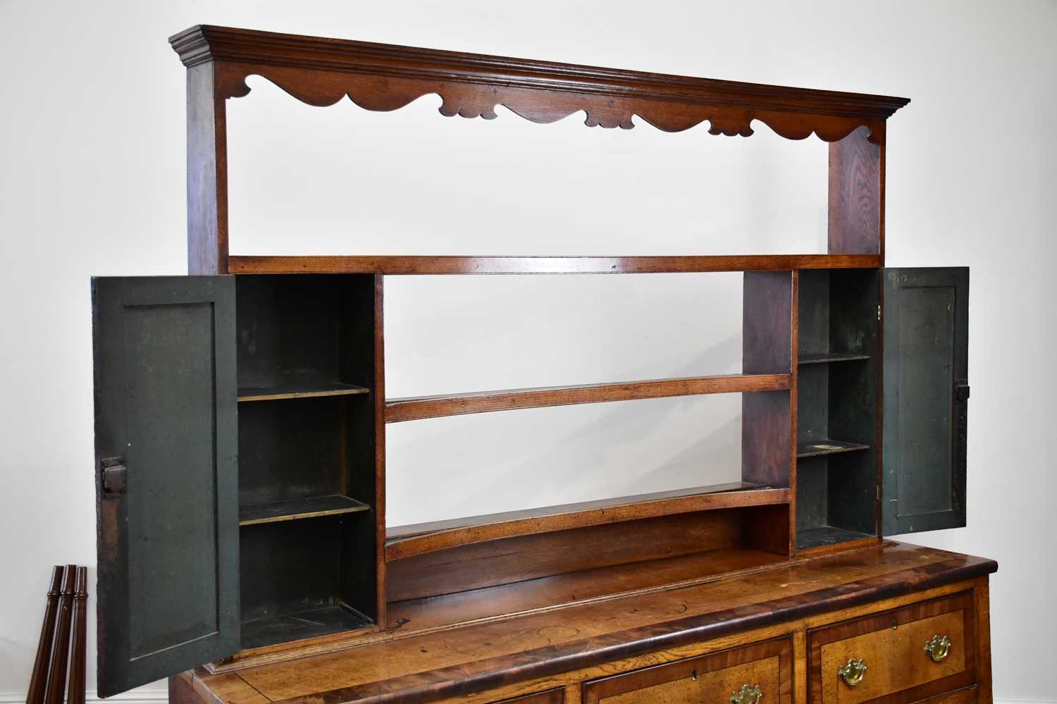 An 18th century oak and mahogany crossbanded dresser with open plate rack back, with three fixed - Image 3 of 4