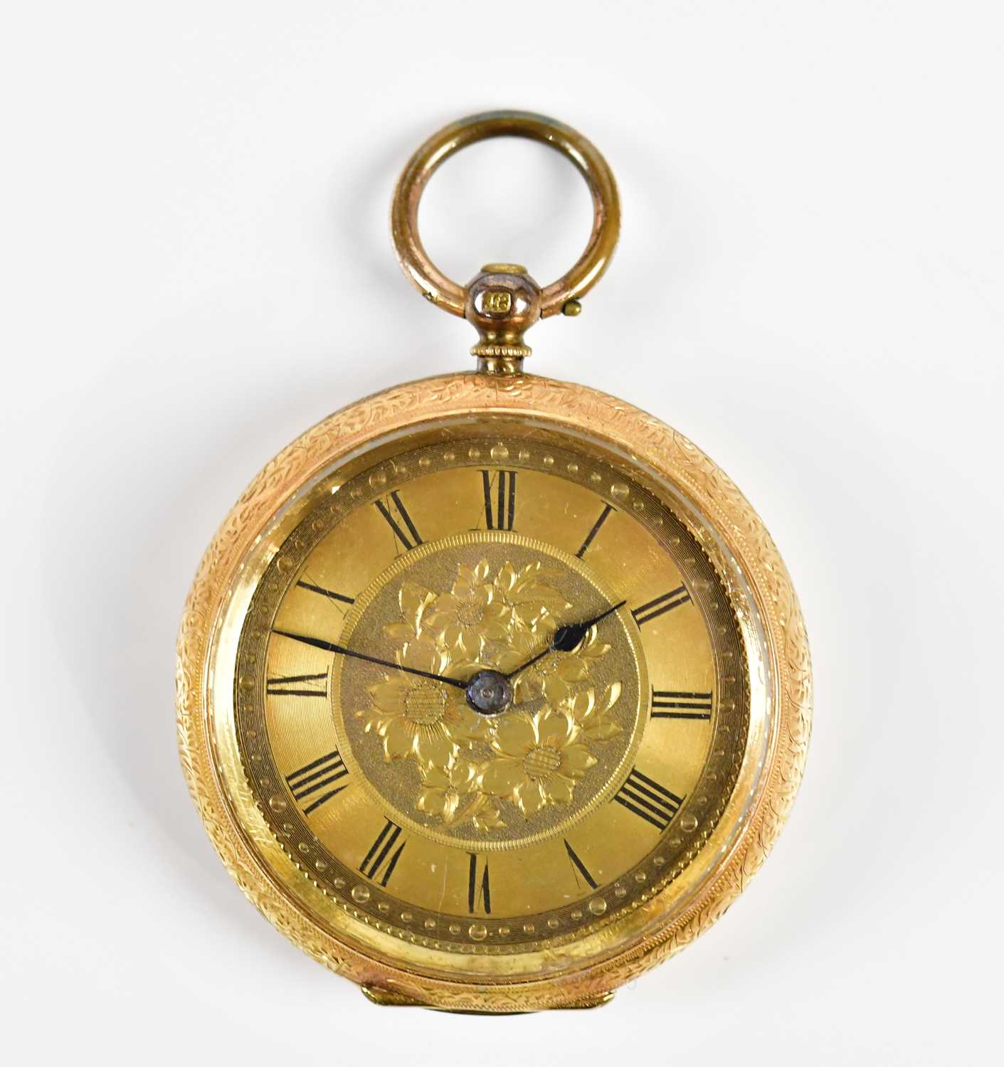A yellow metal lady's open face fob watch, the gilt dial set with Roman numerals, stamped '18k',