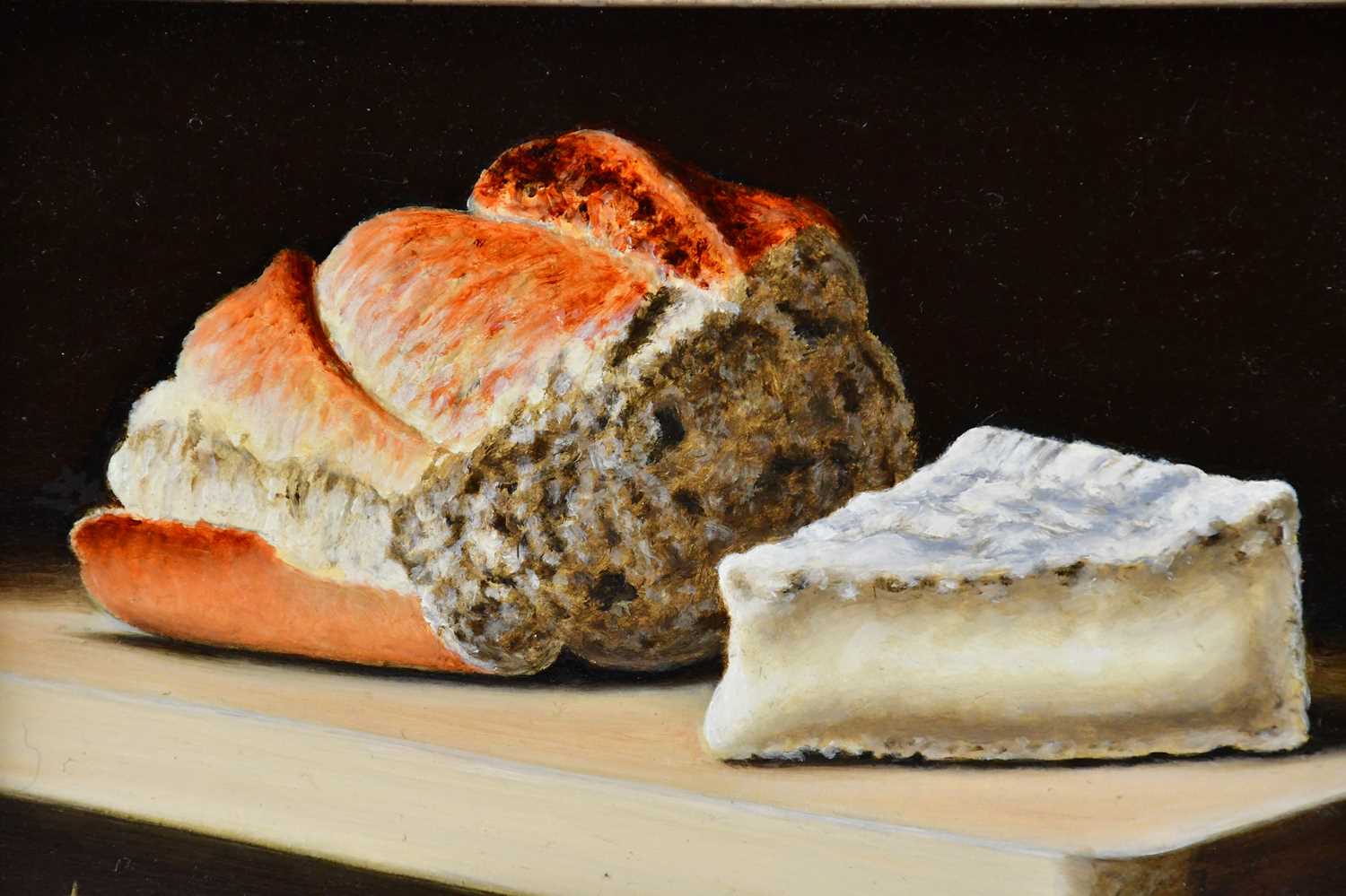 † ANNE SONGHURST; oil on board, 'Goats Cheese with Bread', signed lower left, 10 x 15cm, framed. - Image 2 of 4