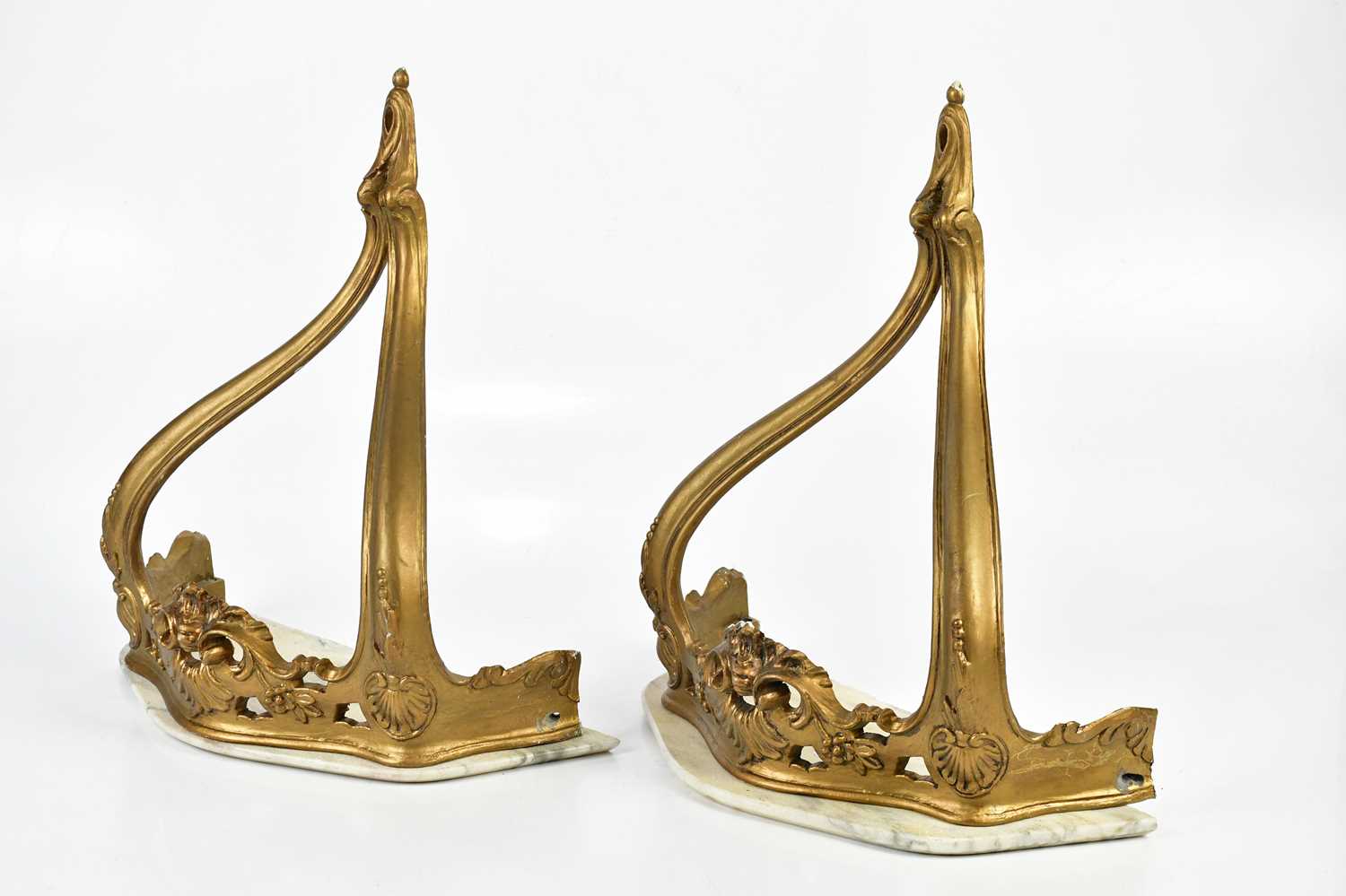 A pair of mid 20th century gesso and gilt wall brackets with detachable marble tops, height 40cm. - Image 2 of 4