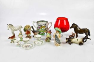 A small collection of ceramic figures including Beswick birds, Beswick horses, a Royal Albert '