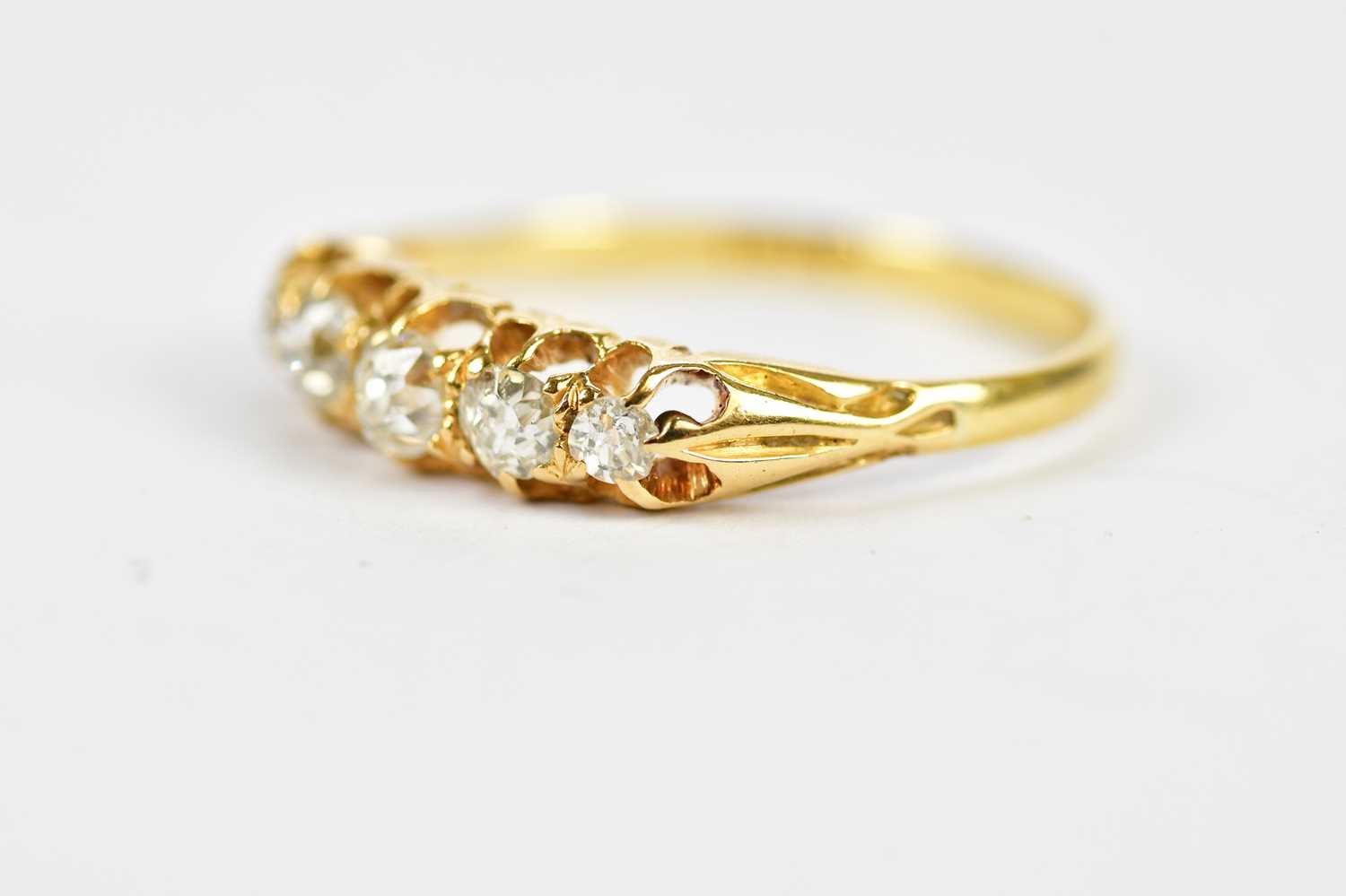 An 18ct yellow gold graduated five stone diamond ring, the claw set old cut stones set with - Image 2 of 3