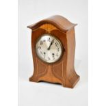 An Edwardian inlaid mahogany mantel clock, with open shell work inlaid decoration and silvered