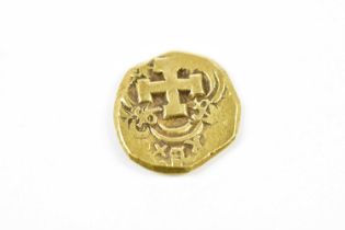 A 16th / 17th century Spanish – South American yellow metal coin, with cross detailing, weight 6.5g