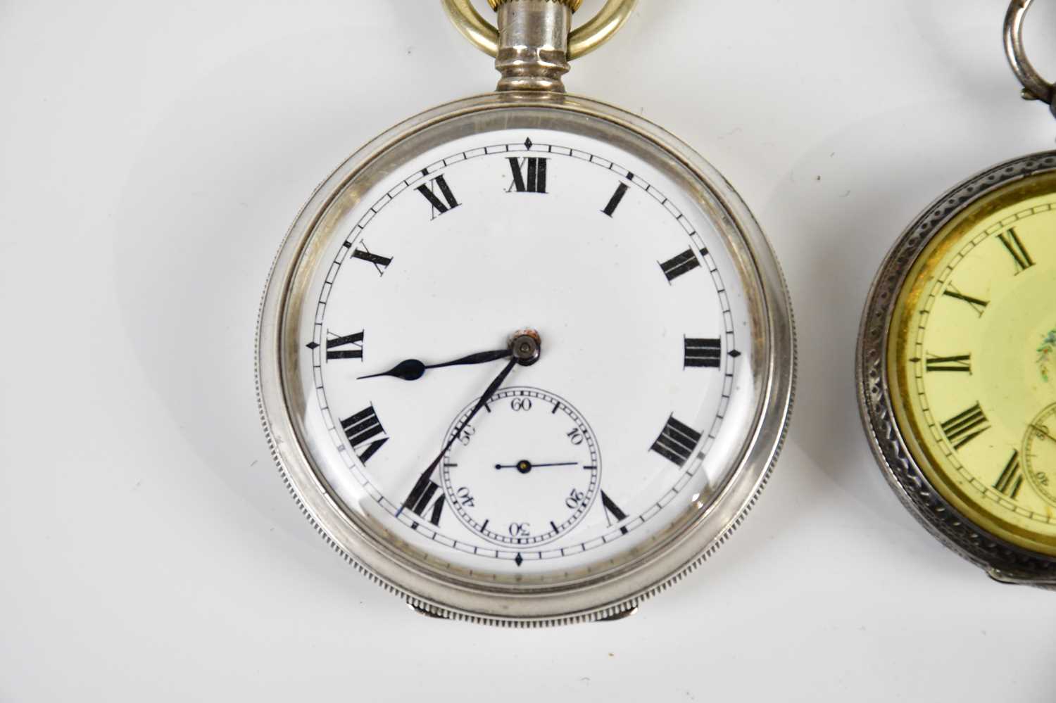 A hallmarked silver crown wind open face pocket watch, the enamel dial set with Roman numerals and - Image 2 of 5