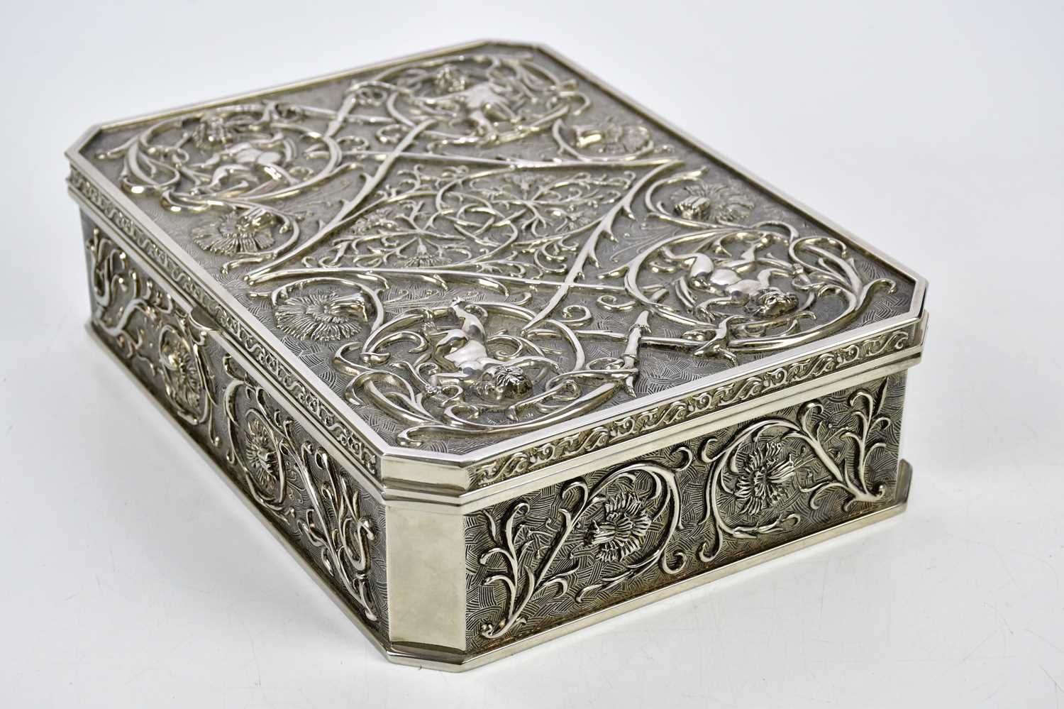 A modern white metal jewellery box, profusely decorated with scrolling foliage and cherubs, height - Image 2 of 4