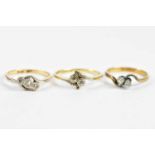 Three 9ct yellow gold and tiny diamond set dress rings with crossover swept designs, various