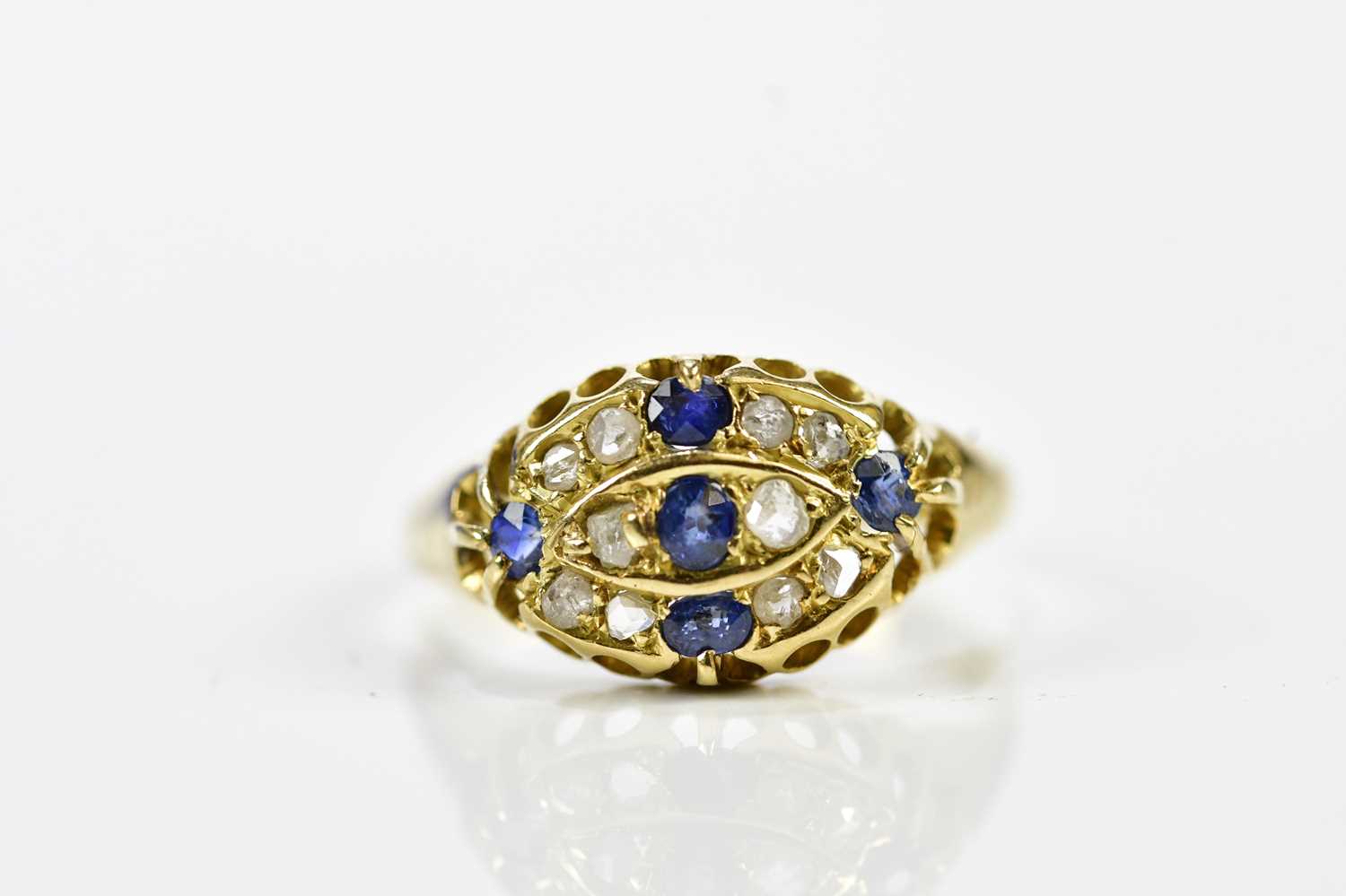 An 18ct yellow gold sapphire and diamond dress ring, size M ½, approx. 2.5g.