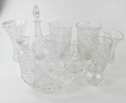 A collection of 19th century and later cut glass, including vases, a large basket, etc.