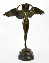 A reproduction bronze figure representing a winged nude maiden, height 53cm.