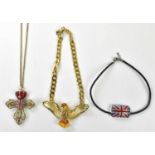 BUTLER & WILSON; a large gold tone cross with a crystal Union Jack and coronet and chain pendant,