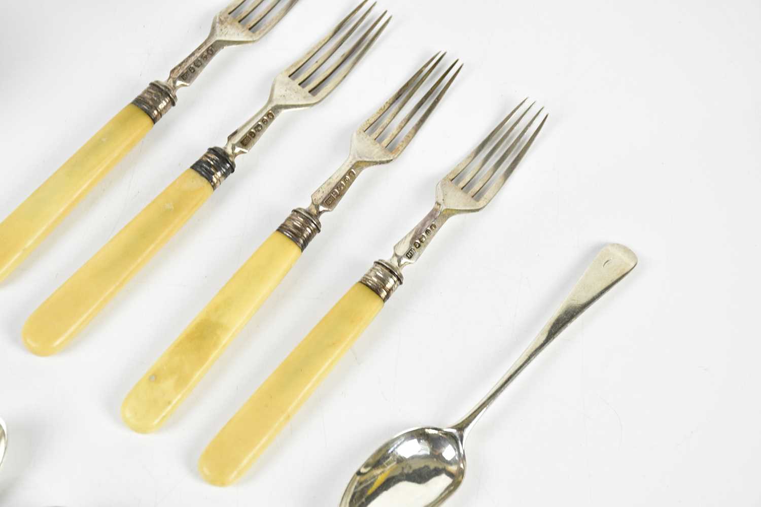 HARRISON BROTHERS & HOWSON; a set of four Victorian hallmarked silver forks, with resin handles, - Image 4 of 4