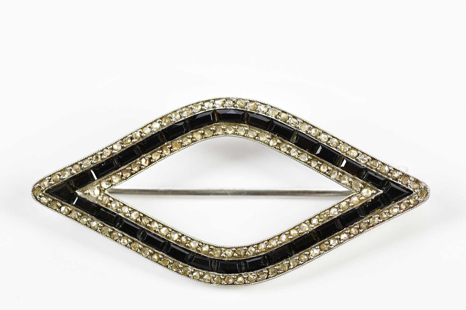 CARTIER; an Art Deco white metal diamond and sapphire open lozenge shaped brooch in fitted Wartski - Image 2 of 8