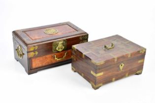An Eastern rosewood jewellery casket of rectangular form with applied brass detail, width 26cm,