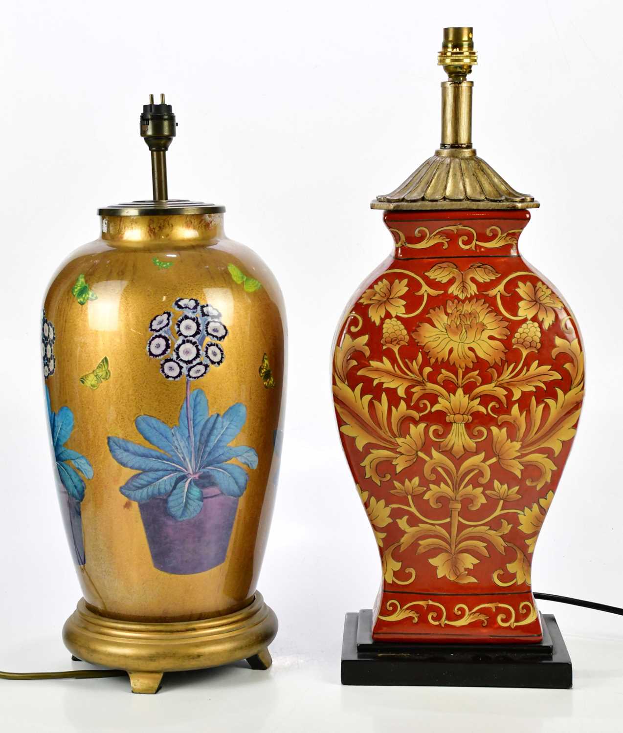 Two modern decorative table lamps including a gilt example decorated with butterflies and floral